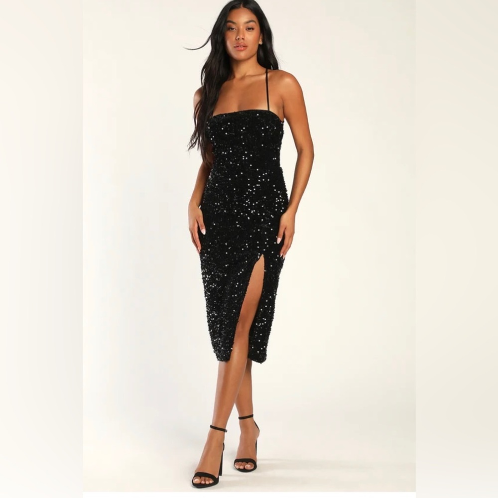 Born to Shimmer Black Velvet Sequin Lace Up MIDI Dress